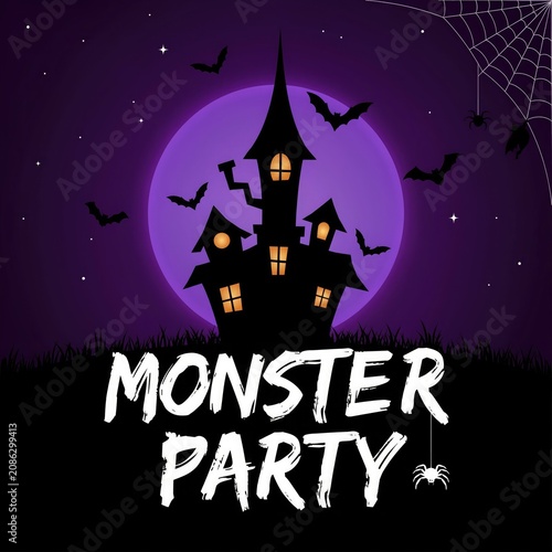 Spooky halloween party invitation with haunted house and bats