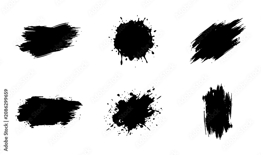 Fototapeta premium Set of 6 Black Ink Splatter and Brush Stroke Vector Elements, Grunge Texture Paint Smear Graphics for Artistic Design