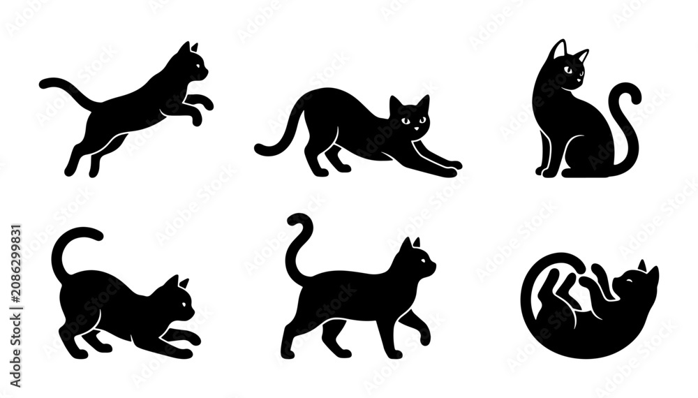 Obraz premium Six Black Cat Silhouettes, Vector Icons Set: Playful Feline Poses, Elegant Animal Graphics for Design Projects