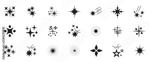 Sparkle icons set. Simple style vector illustration. Bright sparkle, star sparkle, shiny flash star. A collection of various star and sparkle shapes on a white background  silhouette.