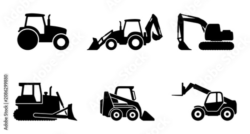 Quadro em tela Construction Vehicle Icons Set, Heavy Machinery Silhouettes, Tractor, Excavator,