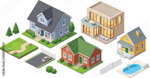 Isometric House Collection with Modern Residential Buildings, Cottage, Villa, Yard, Swimming Pool, and Garage Elements for Map and Infrastructure Graphic Designs