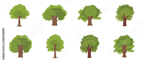 Tree green icon collection. Vector nature elements, forest tree illustrations, landscape design assets, eco foliage graphics. Isolated on white background. Wood with leaf in flat style.