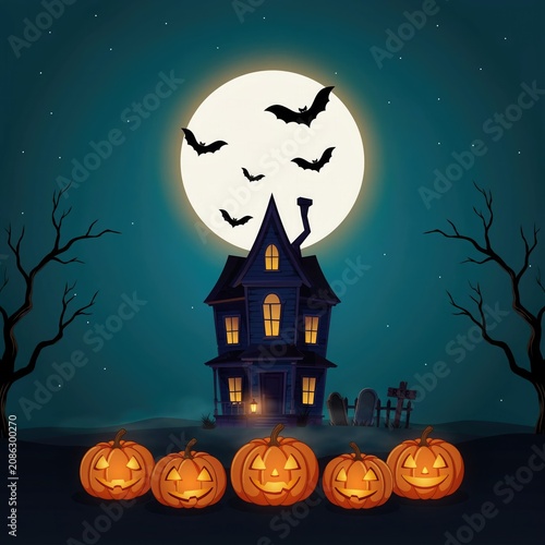 Spooky halloween scene with haunted house and jack o' lanterns