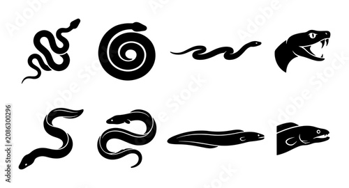 Schilderij op canvas Set of Black Snake and Eel Vector Icons, Reptile and Aquatic Creature Silhouette