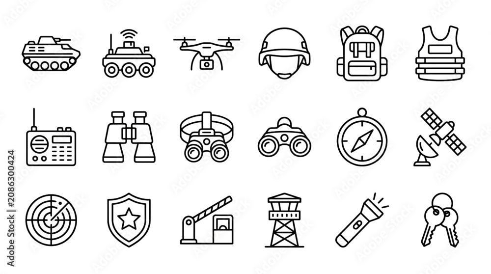 Fototapeta premium Military Technology Line Art Icon Collection with Armored Vehicle Robot Drone and Security Equipment Vector Set