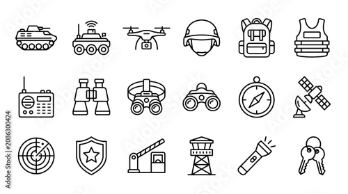 Fotografía Military Technology Line Art Icon Collection with Armored Vehicle Robot Drone an