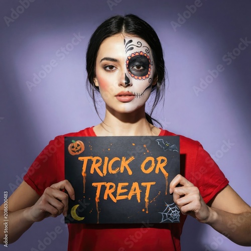 Halloween portrait woman with sugar skull makeup holding 'trick or treat' sign