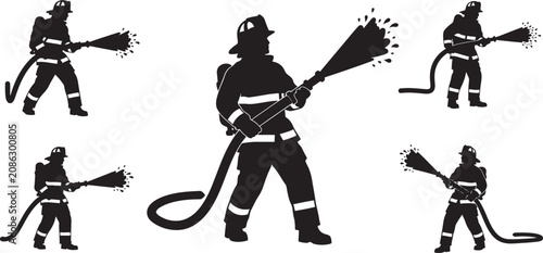 Fotografía Set of six fireman silhouettes in various action poses holding water hoses and fire extinguishing equipment