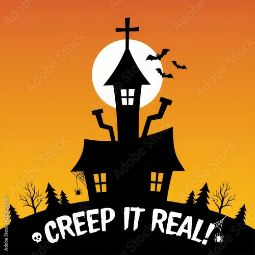 Haunted house halloween illustration with bats and spooky text