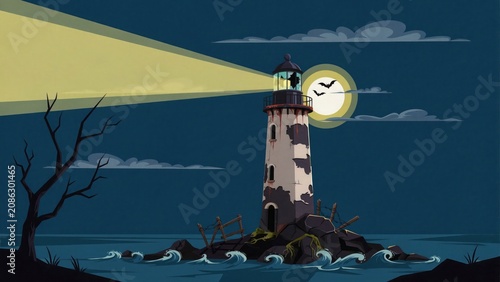 A spooky lighthouse on a rocky island at night with a full moon and bats flying overhead