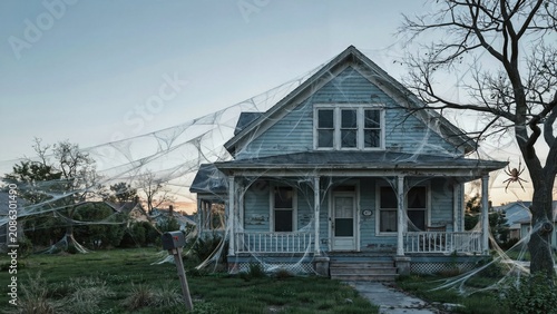 Spooky old house with cobwebs on porch and yard for halloween