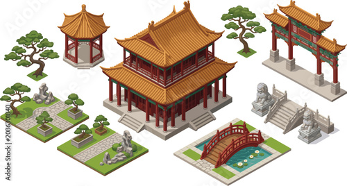 Cuadro en lienzo Isometric Traditional Chinese Architecture Element Set with Pagoda, Temple, Arch