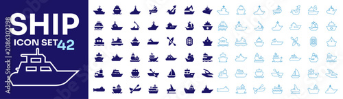 Set of 42 ship and boat icons in glyph and outline style, such as cargo ship, cruise, yacht, sailing boat, ferry, and various watercraft.