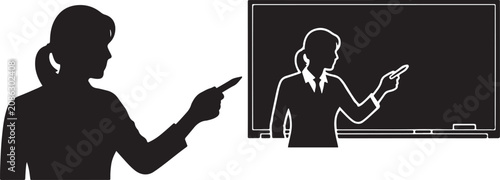 Silhouette of female teacher or professor pointing at chalkboard presentation lecture in classroom background.