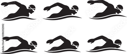Tableau sur toile Silhouettes of swimmers performing freestyle stroke, athletic activity, pool or open water