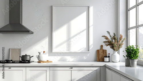 Bright Modern White Minimalist Kitchen Interior with Sunlit Window and Ceramic Decor