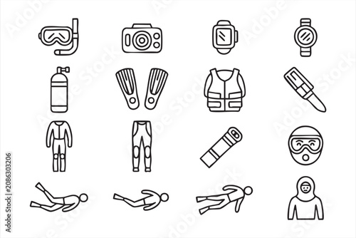 Canvastavla Marine Adventure Vector Icons with Dive Mask, Camera, Knife and Safety Vest