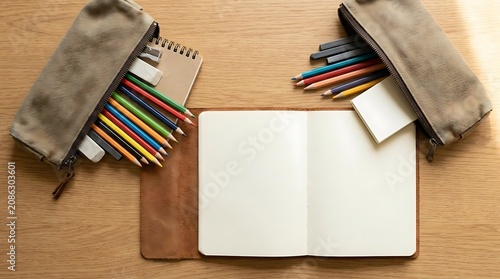Art supplies and open notebook on wooden desk with soft lighting