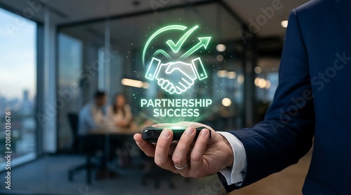 Business person holding glowing neon hologram icon handshake symbol above smartphone screen inside office glass room hand.