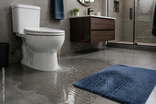 Water floods bathroom floor near toilet. Blue rug soaked, reflecting light. Shower area visible behind vanity. Modern fixtures show no signs of damage. Scene suggests recent leak or plumbing issue