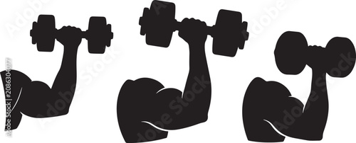 Tableau sur toile Strong muscular arm silhouettes holding heavy dumbbells for fitness gym branding and bodybuilding training icons