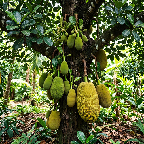 Fresh green pears hanging on a tree branch.