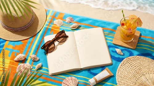 Beach vacation accessories laid out on a towel with open book and tropical drink