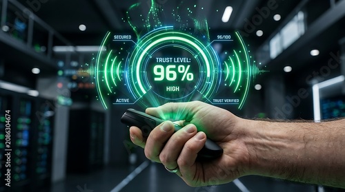 Human hand holding black remote control device under glowing green digital interface circle with high percentage trust level.