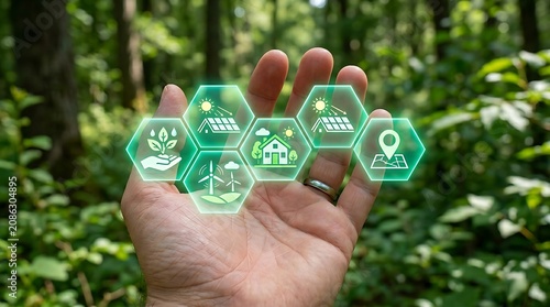 Human hand holding floating glowing green hexagon icons renewable energy sources plus sustainable home living skin fingers.