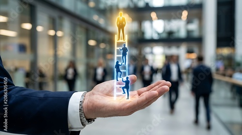 Human hand holding glowing ladder with small blue figures climbing upward toward yellow silhouette person in office hallway.