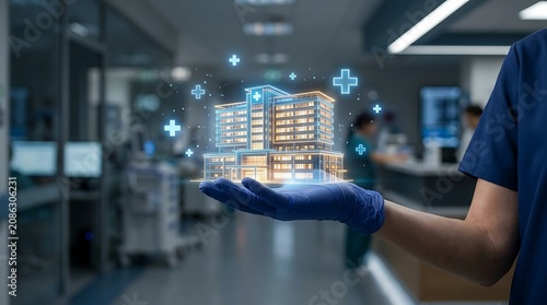 Medical professional hand holding glowing blue hospital building hologram model inside blurred clinic corridor interior.