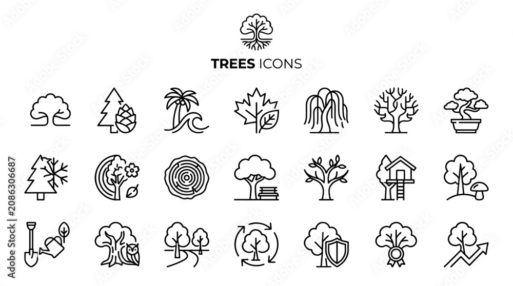 Fototapeta premium Trees icons collection featuring various foliage shapes and nature forest symbols. Set includes coniferous, bonsai, oak, willow, and ecology elements for environment design projects.