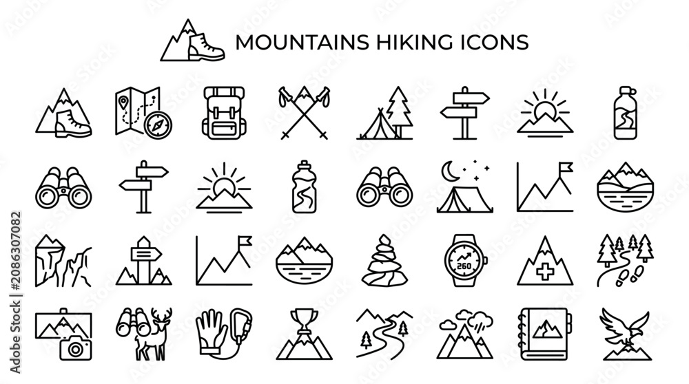 Fototapeta premium Mountains hiking icons collection featuring map, backpack, tent, compass, and binoculars symbols. Black linear vector illustrations for travel, nature, climbing, and expedition design projects.