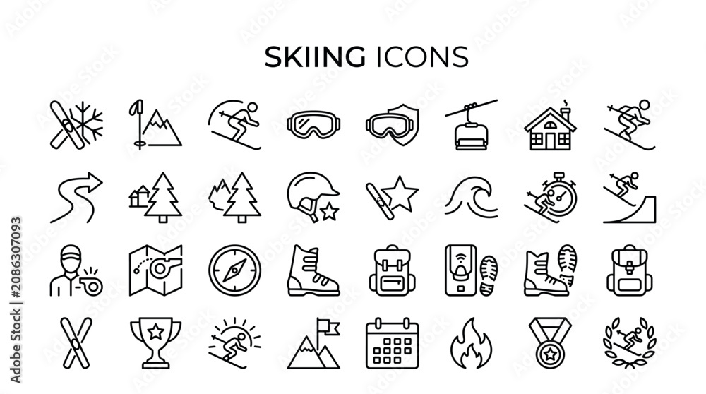 Fototapeta premium Skiing icons collection featuring line art symbols of skiers, gear, resort buildings, and mountains for winter sports design, vacation, equipment, travel, and adventure themes.