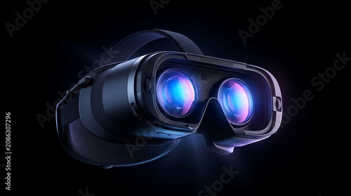 Virtual reality headset with dual glowing blue lenses and black adjustable head strap for immersive digital gaming.