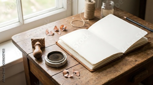 Blank notebook and stamping tools on rustic wooden table by window