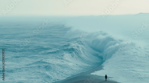 Solitary person on beach as giant ocean waves part around them, protective path revealed, powerful metaphor of reassurance, minimalist composition with vast negative space, cinematic realism