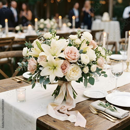Elegant floral arrangement with white roses and greenery.