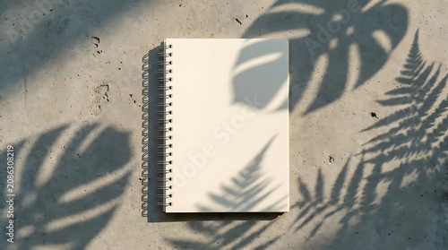 Blank notebook page under natural sunlight shadow play