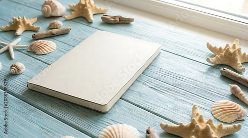 Blank notebook surrounded by seashells and starfish on a wooden surface