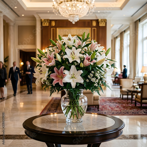 Elegant floral centerpiece on round pedestal in grand hall.
