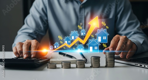 Real estate interest rate growth and property mortgage inflation investment concept