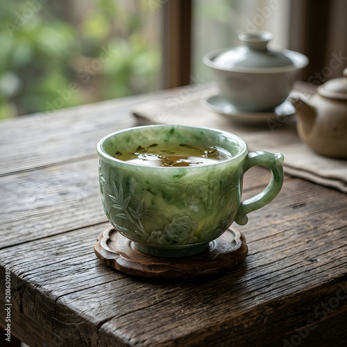 Fresh homemade green juice in glass jar on wooden table.