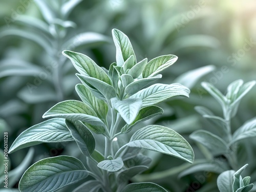 Close up of fresh green sage leaves growing in a garden herb patch