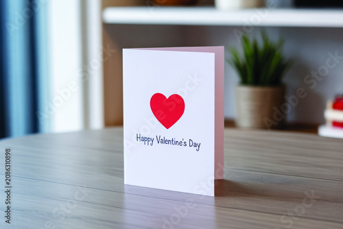 Minimalist white valentine greeting card with red heart symbol stands on wooden table in bright modern room with shelf background.