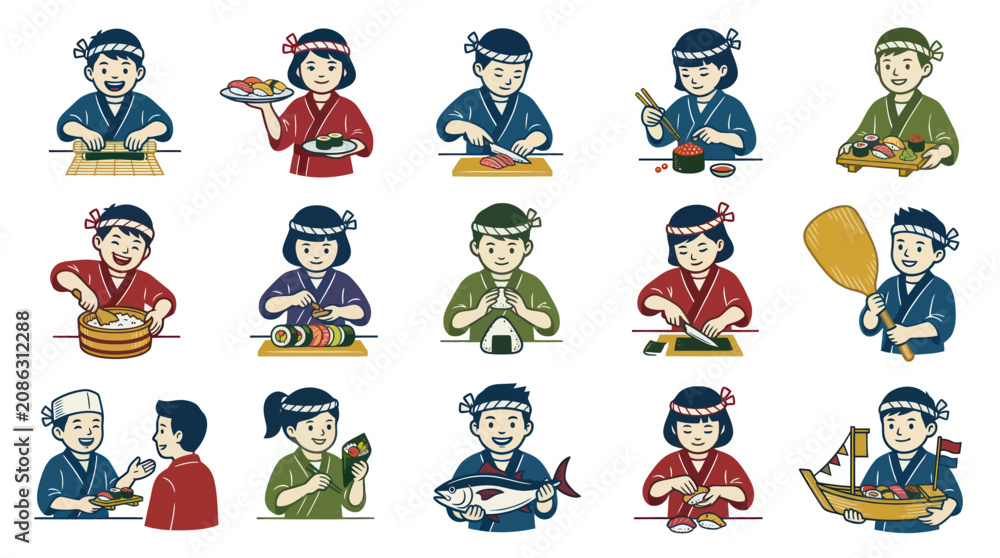 Obraz premium Flat Illustration Set of Japanese Cuisine: Happy Cartoon People Making, Serving, and Eating Sushi