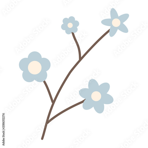 Cute blue flower branch vector illustration, forget me not floral element cartoon character isolated, spring twig icon