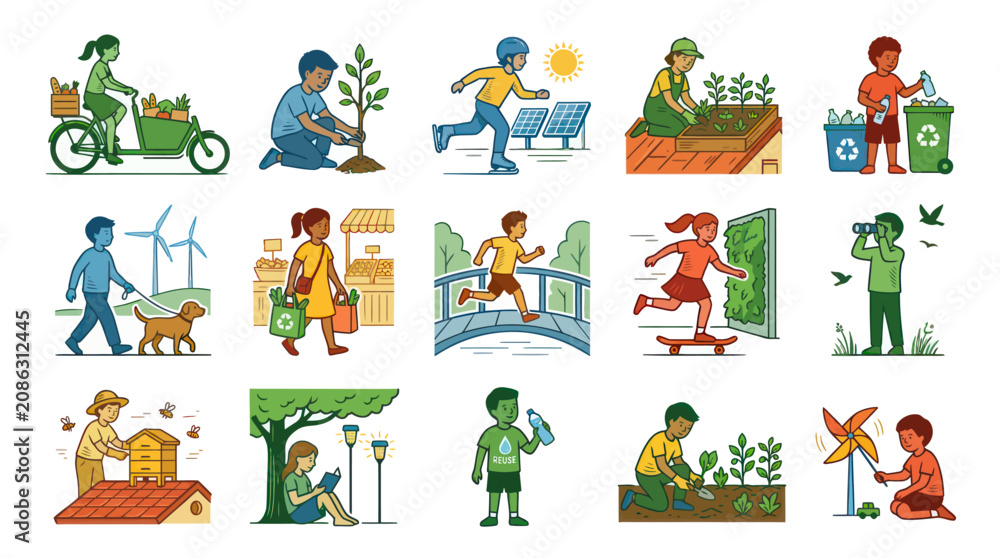 Fototapeta premium Eco-Friendly Sustainable Living Hand-Drawn Line Art Illustration Set of People Engaged in Green Activities