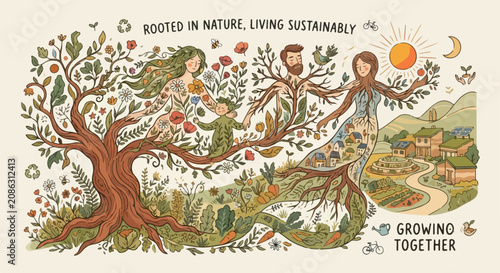 Foto Hand-drawn tactile vector illustration of growing plants turning into human figures, connection to nature, sustainable